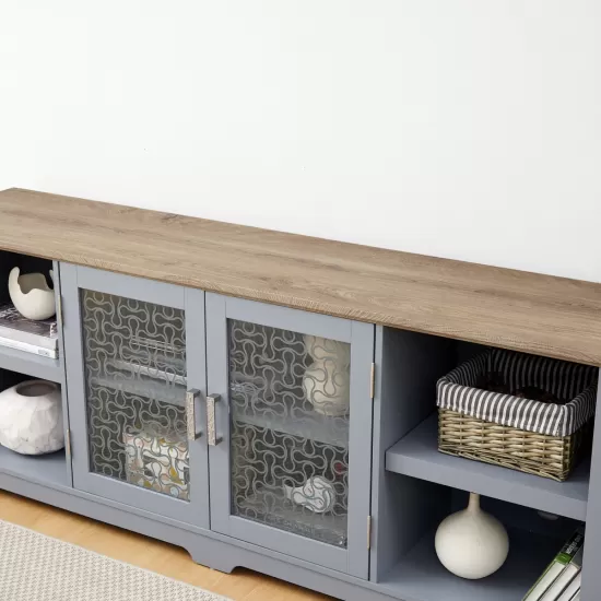 Modern Farmhouse TV Media Stand, Large Home Entertainment Console, for TV Up to 80'', with Open Shelves and Glass Door Cabinets, Light Blue and Light Oak, 70 Inch W*15.55 Inch D*26.85 Inch H Modern Farmhouse TV Media Stand, Large Home Entertainment Console, for TV Up to 80'', with Open Shelves and Glass Door Cabinets, Light Blue and Light Oak, 70 Inch W*15.55 Inch D*26.85 Inch H