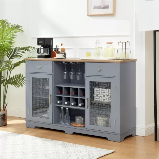 Modern Farmhouse Buffet Cabinet, Sideboard with 2 Drawers and Elegant Glass Door Cabinets, Wine and Glass Rack, Coffee Bar for Kitchen, Dining Room, Light Blue and Light Oak, 56.46 Inch W*15.55 Inch D*35.74 Inch H Modern Farmhouse Buffet Cabinet, Sideboard with 2 Drawers and Elegant Glass Door Cabinets, Wine and Glass Rack, Coffee Bar for Kitchen, Dining Room, Light Blue and Light Oak, 56.46 Inch W*15.55 Inch D*35.74 Inch H