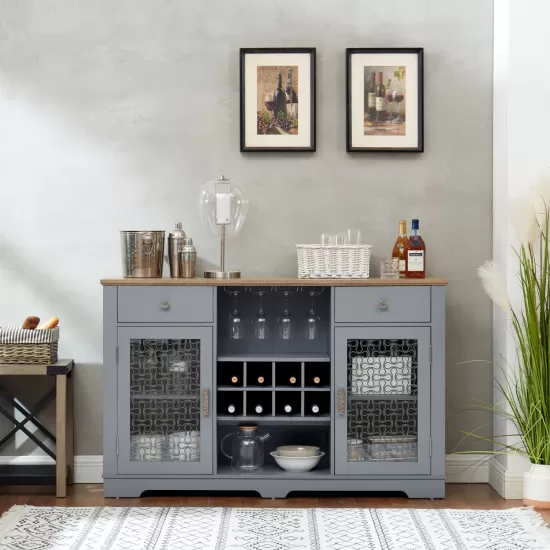 Modern Farmhouse Buffet Cabinet, Sideboard with 2 Drawers and Elegant Glass Door Cabinets, Wine and Glass Rack, Coffee Bar for Kitchen, Dining Room, Light Blue and Light Oak, 56.46 Inch W*15.55 Inch D*35.74 Inch H Modern Farmhouse Buffet Cabinet, Sideboard with 2 Drawers and Elegant Glass Door Cabinets, Wine and Glass Rack, Coffee Bar for Kitchen, Dining Room, Light Blue and Light Oak, 56.46 Inch W*15.55 Inch D*35.74 Inch H