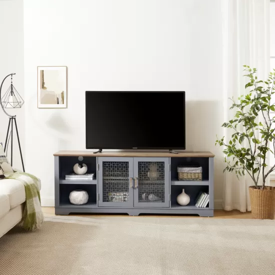 Modern Farmhouse TV Media Stand, Large Home Entertainment Console, for TV Up to 80'', with Open Shelves and Glass Door Cabinets, Light Blue and Light Oak, 70 Inch W*15.55 Inch D*26.85 Inch H Modern Farmhouse TV Media Stand, Large Home Entertainment Console, for TV Up to 80'', with Open Shelves and Glass Door Cabinets, Light Blue and Light Oak, 70 Inch W*15.55 Inch D*26.85 Inch H