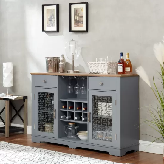 Modern Farmhouse Buffet Cabinet, Sideboard with 2 Drawers and Elegant Glass Door Cabinets, Wine and Glass Rack, Coffee Bar for Kitchen, Dining Room, Light Blue and Light Oak, 56.46 Inch W*15.55 Inch D*35.74 Inch H Modern Farmhouse Buffet Cabinet, Sideboard with 2 Drawers and Elegant Glass Door Cabinets, Wine and Glass Rack, Coffee Bar for Kitchen, Dining Room, Light Blue and Light Oak, 56.46 Inch W*15.55 Inch D*35.74 Inch H