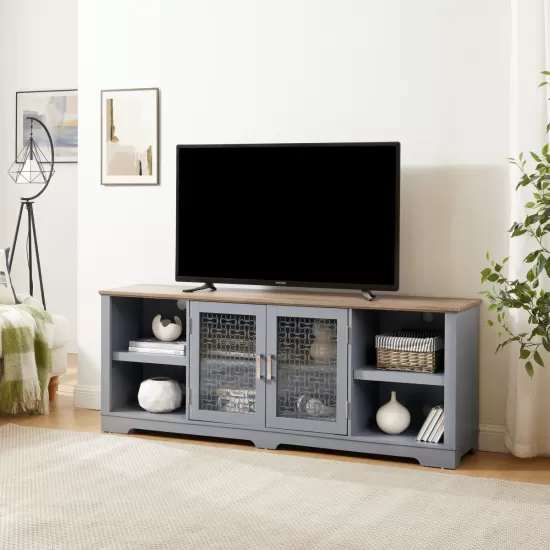 Modern Farmhouse TV Media Stand, Large Home Entertainment Console, for TV Up to 80'', with Open Shelves and Glass Door Cabinets, Light Blue and Light Oak, 70 Inch W*15.55 Inch D*26.85 Inch H Modern Farmhouse TV Media Stand, Large Home Entertainment Console, for TV Up to 80'', with Open Shelves and Glass Door Cabinets, Light Blue and Light Oak, 70 Inch W*15.55 Inch D*26.85 Inch H