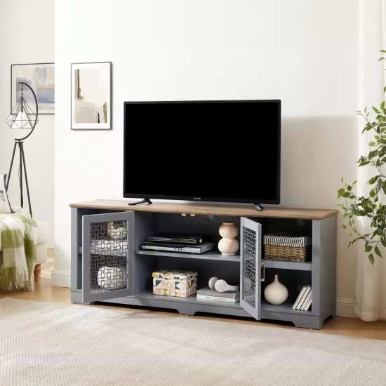 Modern Farmhouse TV Media Stand, Large Home Entertainment Console, for TV Up to 80'', with Open Shelves and Glass Door Cabinets, Light Blue and Light Oak, 70 Inch W*15.55 Inch D*26.85 Inch H Modern Farmhouse TV Media Stand, Large Home Entertainment Console, for TV Up to 80'', with Open Shelves and Glass Door Cabinets, Light Blue and Light Oak, 70 Inch W*15.55 Inch D*26.85 Inch H