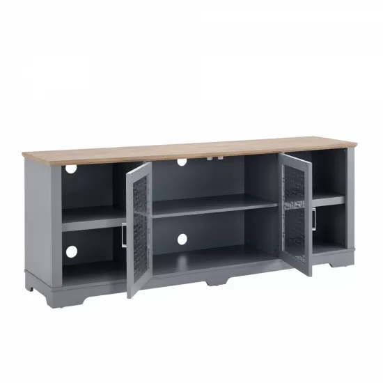 Modern Farmhouse TV Media Stand, Large Home Entertainment Console, for TV Up to 80'', with Open Shelves and Glass Door Cabinets, Light Blue and Light Oak, 70 Inch W*15.55 Inch D*26.85 Inch H Modern Farmhouse TV Media Stand, Large Home Entertainment Console, for TV Up to 80'', with Open Shelves and Glass Door Cabinets, Light Blue and Light Oak, 70 Inch W*15.55 Inch D*26.85 Inch H