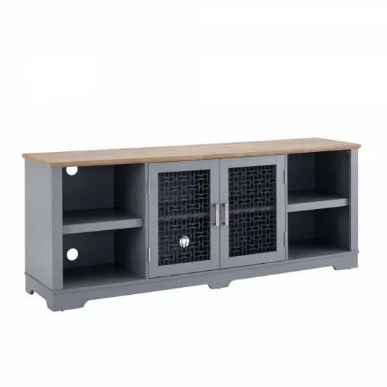 Modern Farmhouse TV Media Stand, Large Home Entertainment Console, for TV Up to 80'', with Open Shelves and Glass Door Cabinets, Light Blue and Light Oak, 70 Inch W*15.55 Inch D*26.85 Inch H Modern Farmhouse TV Media Stand, Large Home Entertainment Console, for TV Up to 80'', with Open Shelves and Glass Door Cabinets, Light Blue and Light Oak, 70 Inch W*15.55 Inch D*26.85 Inch H