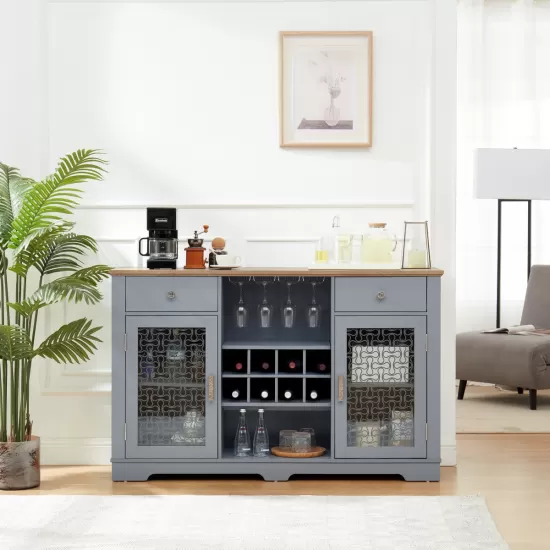 Modern Farmhouse Buffet Cabinet, Sideboard with 2 Drawers and Elegant Glass Door Cabinets, Wine and Glass Rack, Coffee Bar for Kitchen, Dining Room, Light Blue and Light Oak, 56.46 Inch W*15.55 Inch D*35.74 Inch H Modern Farmhouse Buffet Cabinet, Sideboard with 2 Drawers and Elegant Glass Door Cabinets, Wine and Glass Rack, Coffee Bar for Kitchen, Dining Room, Light Blue and Light Oak, 56.46 Inch W*15.55 Inch D*35.74 Inch H