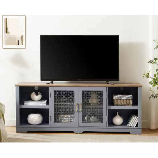 Modern Farmhouse TV Media Stand, Large Home Entertainment Console, for TV Up to 80'', with Open Shelves and Glass Door Cabinets, Light Blue and Light Oak, 70 Inch W*15.55 Inch D*26.85 Inch H Modern Farmhouse TV Media Stand, Large Home Entertainment Console, for TV Up to 80'', with Open Shelves and Glass Door Cabinets, Light Blue and Light Oak, 70 Inch W*15.55 Inch D*26.85 Inch H