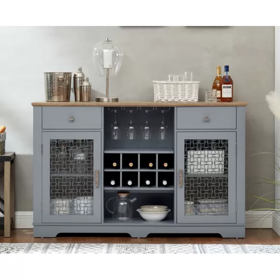 Modern Farmhouse Buffet Cabinet, Sideboard with 2 Drawers and Elegant Glass Door Cabinets, Wine and Glass Rack, Coffee Bar for Kitchen, Dining Room, Light Blue and Light Oak, 56.46 Inch W*15.55 Inch D*35.74 Inch H Modern Farmhouse Buffet Cabinet, Sideboard with 2 Drawers and Elegant Glass Door Cabinets, Wine and Glass Rack, Coffee Bar for Kitchen, Dining Room, Light Blue and Light Oak, 56.46 Inch W*15.55 Inch D*35.74 Inch H