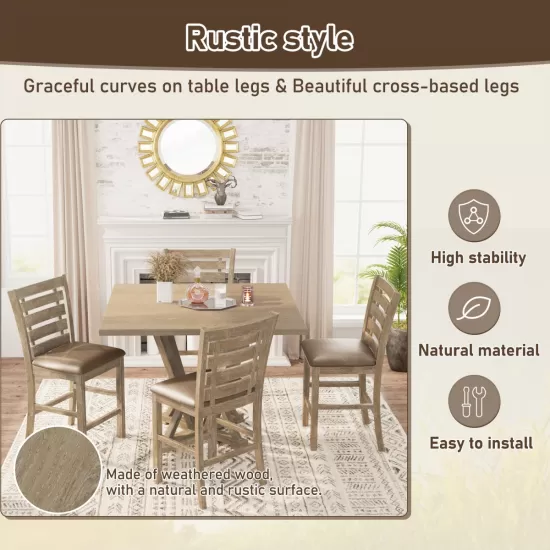 Modern Farmhouse Square Counter Table 45inch Solid Wood Rubberwood Antique Finishing Rustic Look Distressed Look Wire Brushed for 4 seaters 36inch height Modern Farmhouse Square Counter Table 45inch Solid Wood Rubberwood Antique Finishing Rustic Look Distressed Look Wire Brushed for 4 seaters 36inch height
