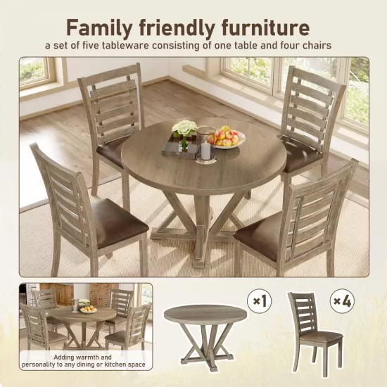 Modern Farmhouse Round Dining Table 45.7inch Solid Wood Rubberwood Antique Finishing Rustic Look Distressed Look Wire Brushed for 4 seaters Modern Farmhouse Round Dining Table 45.7inch Solid Wood Rubberwood Antique Finishing Rustic Look Distressed Look Wire Brushed for 4 seaters