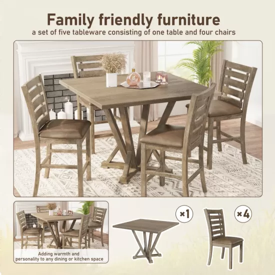 Modern Farmhouse Square Counter Table 45inch Solid Wood Rubberwood Antique Finishing Rustic Look Distressed Look Wire Brushed for 4 seaters 36inch height Modern Farmhouse Square Counter Table 45inch Solid Wood Rubberwood Antique Finishing Rustic Look Distressed Look Wire Brushed for 4 seaters 36inch height