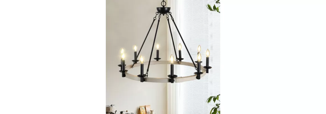 Rustic Farmhouse 10-Light Candle Chandelier: A Perfect Blend of Black Metal and Wood for Your Dining Room