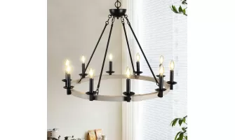 Rustic Farmhouse 10-Light Candle Chandelier: A Perfect Blend of Black Metal and Wood for Your Dining Room