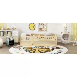 Twin Size Floor bed, integral construction with super high security barrier, door, children's floor bed frame, Montessori wooden children's floor bed, Support  slat Natural Wood