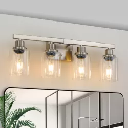 Modern 4-Light Bathroom Vanity Light Fixture - Brushed Nickel Finish with Clear Glass Shades, Perfect for Bathroom, Vanity, and Dressing Area Lighting (No Bulbs) Modern 4-Light Bathroom Vanity Light Fixture - Brushed Nickel Finish with Clear Glass Shades, Perfect for Bathroom, Vanity, and Dressing Area Lighting (No Bulbs)