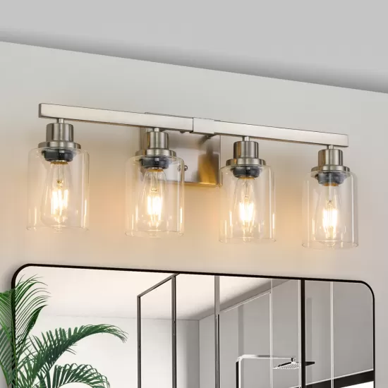 Modern 4-Light Bathroom Vanity Light Fixture - Brushed Nickel Finish with Clear Glass Shades, Perfect for Bathroom, Vanity, and Dressing Area Lighting (No Bulbs) Modern 4-Light Bathroom Vanity Light Fixture - Brushed Nickel Finish with Clear Glass Shades, Perfect for Bathroom, Vanity, and Dressing Area Lighting (No Bulbs)