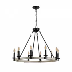 Rustic Farmhouse 10-Light Candle Chandelier, Black Metal and Wood Round Hanging Light Fixture for Dining Room, Kitchen, Living Room, Adjustable Height, E12 Bulb Base (No Bulbs)