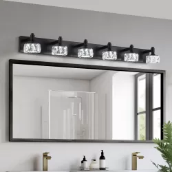 Modern 6-Light Matte Black LED Vanity Light Fixture with Crystal Glass Shades, Bathroom Wall Sconce for Elegant and Contemporary Home Decor Modern 6-Light Matte Black LED Vanity Light Fixture with Crystal Glass Shades, Bathroom Wall Sconce for Elegant and Contemporary Home Decor