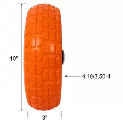 Heavy-Duty Flat free PU foam Tire and Wheel - 4.10/3.50-4 Inch ,  10 Inch  Diameter, 5/8 Inch  Axle Bore Hole, 2.2 Inch  Offset Hub and Double Sealed Bearings for Hand Trucks Replacement,orange color