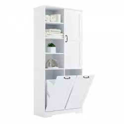 Bathroom Storage Cabinet with Doors and Drawers, Tilt-Out Laundry Hamper, Multiple Storage Space, Freestanding Style, Open Shelve, Adjustable Shelf, White (Old Sku:WF530560AAK)