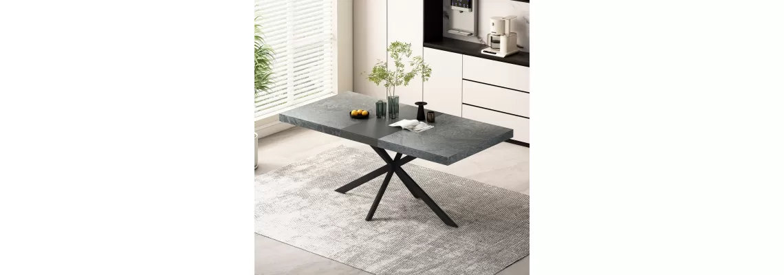   

Stylish 55-70 Inch Retro Rectangular Stretch Dining Table with Grey Stone Top & Black Iron Base – Only $221.07