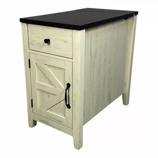 Farmhouse End Table Bedside Table with Charging Station,Night Stand with Barn Door and Drawer, Storage for Bedroom Living Room ,Bedside Table, White+Black color Farmhouse End Table Bedside Table with Charging Station,Night Stand with Barn Door and Drawer, Storage for Bedroom Living Room ,Bedside Table, White+Black color