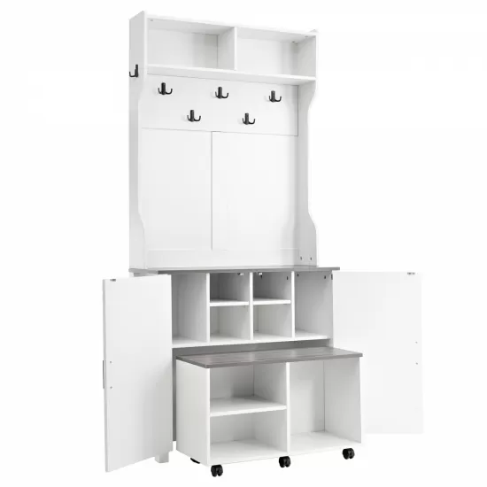 ON-TREND Farmhouse 4-in-1 Hall Tree with Barn Doors, Movable Bench with 7 Hanging Hooks and Shoe Storage Cabinet, 76.9 Inch H Entryway Coat Rack with 6 Brake Wheels for Hallway, Living Room, White ON-TREND Farmhouse 4-in-1 Hall Tree with Barn Doors, Movable Bench with 7 Hanging Hooks and Shoe Storage Cabinet, 76.9 Inch H Entryway Coat Rack with 6 Brake Wheels for Hallway, Living Room, White