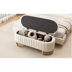 Elegant Upholstered Velvet Storage Ottoman with Button-Tufted,Storage Bench with Metal Legs for Bedroom,Living Room,Fully Assembled Except Legs,Beige