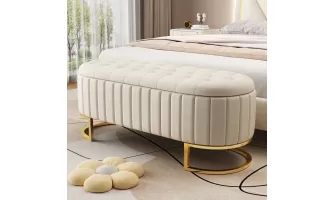   

Elegant Beige Velvet Storage Ottoman with Button-Tufted Design for Bedroom & Living Room