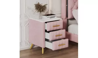   

Stylish Pink Upholstered Wooden Nightstand with 3 Drawers & Metal Accents