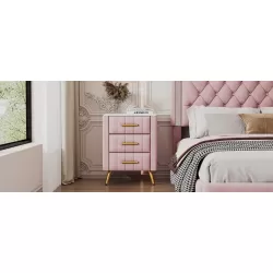 Upholstered Wooden Nightstand with 3 Drawers and Metal Legs&Handles, Bedside Table with Marbling Worktop - Pink