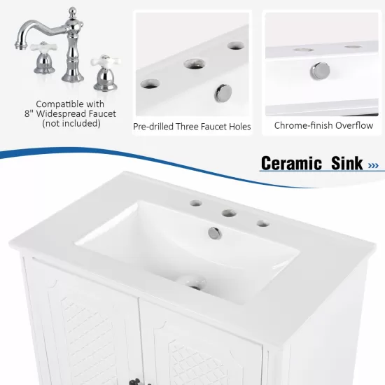 30 Inch Bathroom Vanity with Sink Vintage Style, Multi-functional Storage Space, Door Shelf, Soft-closing Door, White 30 Inch Bathroom Vanity with Sink Vintage Style, Multi-functional Storage Space, Door Shelf, Soft-closing Door, White