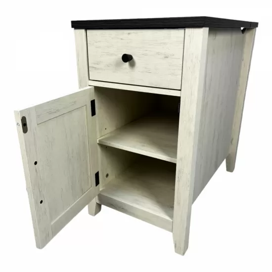 Farmhouse End Table Bedside Table with Charging Station,Night Stand with Barn Door and Drawer, Storage for Bedroom Living Room ,Bedside Table, White+Black color Farmhouse End Table Bedside Table with Charging Station,Night Stand with Barn Door and Drawer, Storage for Bedroom Living Room ,Bedside Table, White+Black color