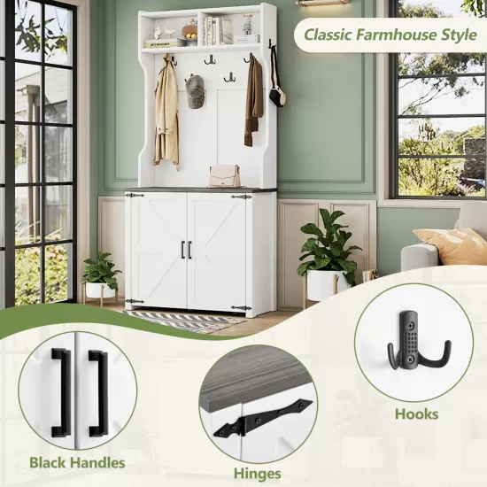 ON-TREND Farmhouse 4-in-1 Hall Tree with Barn Doors, Movable Bench with 7 Hanging Hooks and Shoe Storage Cabinet, 76.9 Inch H Entryway Coat Rack with 6 Brake Wheels for Hallway, Living Room, White ON-TREND Farmhouse 4-in-1 Hall Tree with Barn Doors, Movable Bench with 7 Hanging Hooks and Shoe Storage Cabinet, 76.9 Inch H Entryway Coat Rack with 6 Brake Wheels for Hallway, Living Room, White