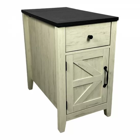Farmhouse End Table Bedside Table with Charging Station,Night Stand with Barn Door and Drawer, Storage for Bedroom Living Room ,Bedside Table, White+Black color Farmhouse End Table Bedside Table with Charging Station,Night Stand with Barn Door and Drawer, Storage for Bedroom Living Room ,Bedside Table, White+Black color