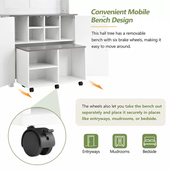 ON-TREND Farmhouse 4-in-1 Hall Tree with Barn Doors, Movable Bench with 7 Hanging Hooks and Shoe Storage Cabinet, 76.9 Inch H Entryway Coat Rack with 6 Brake Wheels for Hallway, Living Room, White ON-TREND Farmhouse 4-in-1 Hall Tree with Barn Doors, Movable Bench with 7 Hanging Hooks and Shoe Storage Cabinet, 76.9 Inch H Entryway Coat Rack with 6 Brake Wheels for Hallway, Living Room, White