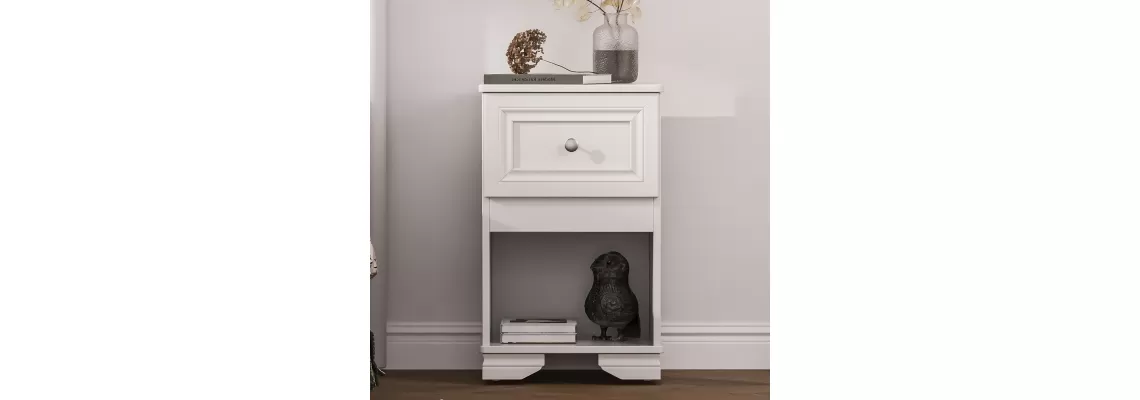 Retro Elegance: White Nightstand with Drawer and Open Shelf for Your Bedroom Retro Elegance: White Nightstand with Drawer and Open Shelf for Your Bedroom
