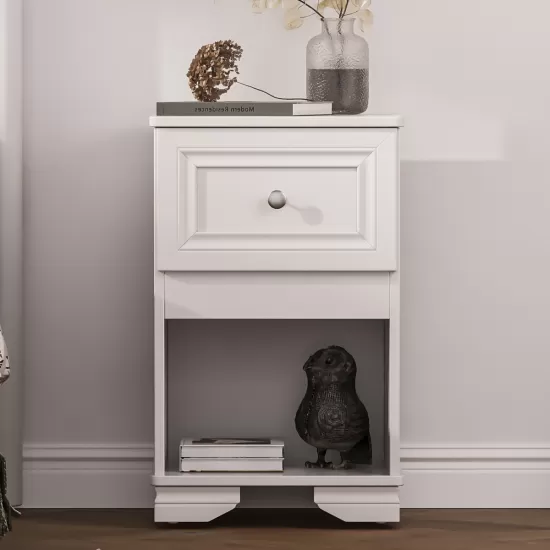 Elegant Design Nightstand with Drawer and Open Shelf for Bedroom, Retro Style Bedside Table with Classic Design and Metal Handle,White Elegant Design Nightstand with Drawer and Open Shelf for Bedroom, Retro Style Bedside Table with Classic Design and Metal Handle,White