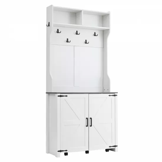 ON-TREND Farmhouse 4-in-1 Hall Tree with Barn Doors, Movable Bench with 7 Hanging Hooks and Shoe Storage Cabinet, 76.9 Inch H Entryway Coat Rack with 6 Brake Wheels for Hallway, Living Room, White ON-TREND Farmhouse 4-in-1 Hall Tree with Barn Doors, Movable Bench with 7 Hanging Hooks and Shoe Storage Cabinet, 76.9 Inch H Entryway Coat Rack with 6 Brake Wheels for Hallway, Living Room, White