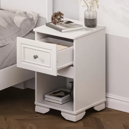 Elegant Design Nightstand with Drawer and Open Shelf for Bedroom, Retro Style Bedside Table with Classic Design and Metal Handle,White Elegant Design Nightstand with Drawer and Open Shelf for Bedroom, Retro Style Bedside Table with Classic Design and Metal Handle,White