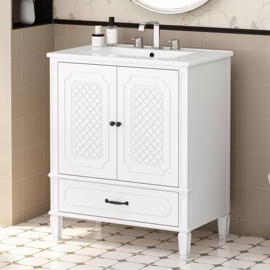 30 Inch Bathroom Vanity with Sink Vintage Style, Multi-functional Storage Space, Door Shelf, Soft-closing Door, White 30 Inch Bathroom Vanity with Sink Vintage Style, Multi-functional Storage Space, Door Shelf, Soft-closing Door, White