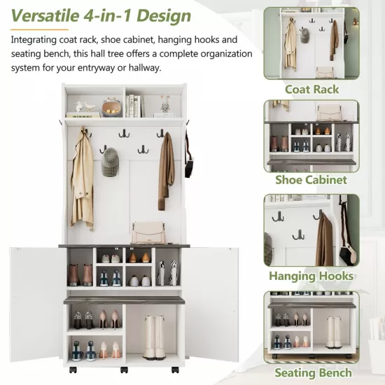 ON-TREND Farmhouse 4-in-1 Hall Tree with Barn Doors, Movable Bench with 7 Hanging Hooks and Shoe Storage Cabinet, 76.9 Inch H Entryway Coat Rack with 6 Brake Wheels for Hallway, Living Room, White ON-TREND Farmhouse 4-in-1 Hall Tree with Barn Doors, Movable Bench with 7 Hanging Hooks and Shoe Storage Cabinet, 76.9 Inch H Entryway Coat Rack with 6 Brake Wheels for Hallway, Living Room, White