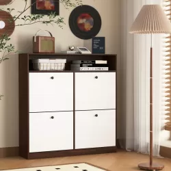 Shoe Storage Cabinet with 4 Flip Drawers , Shoe Rack Organizer Cabinet with wooden handle Freestanding Shoe Cabinet Storage with Anti-tip Fitting for Entryway, Hallway