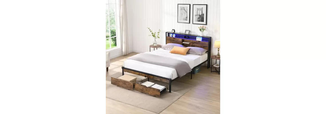   

King Size Metal Platform Bed Frame with Wooden Headboard: Stylish, Functional, and Easy to Assemble