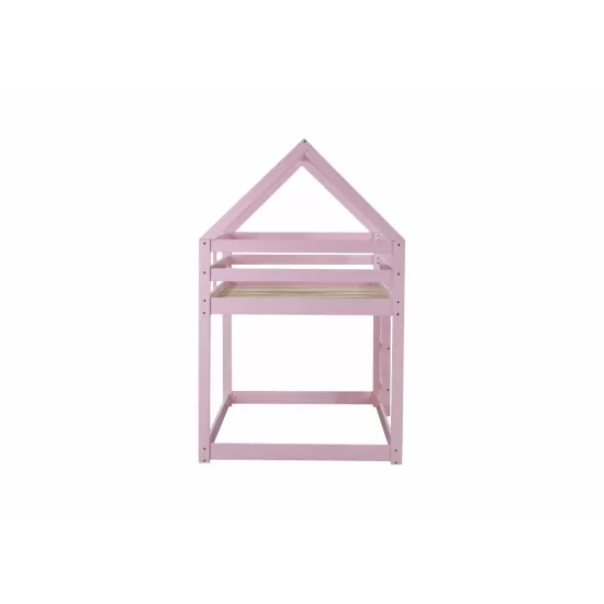Twin over Twin Rubber Wood Floor Bunk Bed, with ladder,Guardrails,House-Shaped-Bunk Bed,Pink
