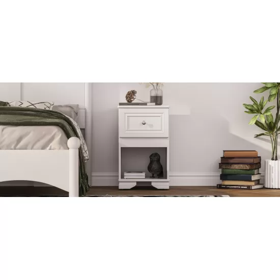 Elegant Design Nightstand with Drawer and Open Shelf for Bedroom, Retro Style Bedside Table with Classic Design and Metal Handle,White Elegant Design Nightstand with Drawer and Open Shelf for Bedroom, Retro Style Bedside Table with Classic Design and Metal Handle,White