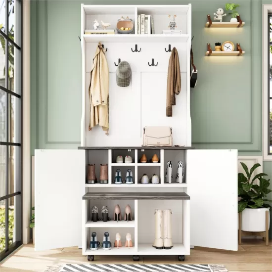 ON-TREND Farmhouse 4-in-1 Hall Tree with Barn Doors, Movable Bench with 7 Hanging Hooks and Shoe Storage Cabinet, 76.9 Inch H Entryway Coat Rack with 6 Brake Wheels for Hallway, Living Room, White ON-TREND Farmhouse 4-in-1 Hall Tree with Barn Doors, Movable Bench with 7 Hanging Hooks and Shoe Storage Cabinet, 76.9 Inch H Entryway Coat Rack with 6 Brake Wheels for Hallway, Living Room, White