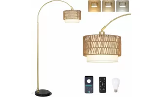   

Stylish Arc Floor Lamp for Bedroom: Rattan & Linen Shades with Remote Dimming