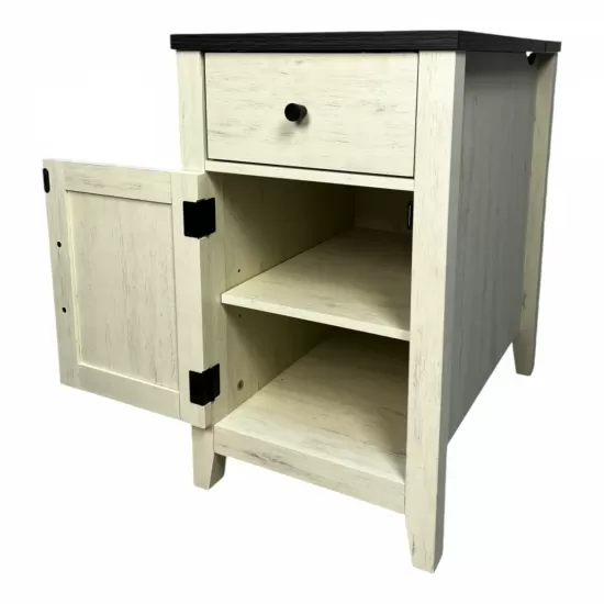 Farmhouse End Table Bedside Table with Charging Station,Night Stand with Barn Door and Drawer, Storage for Bedroom Living Room ,Bedside Table, White+Black color Farmhouse End Table Bedside Table with Charging Station,Night Stand with Barn Door and Drawer, Storage for Bedroom Living Room ,Bedside Table, White+Black color