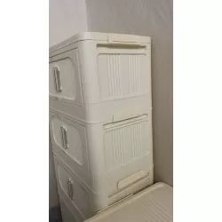 Cream White 19.69 Inch  Side Wide Folding Storage Cabinet ,3 Tiers,19.69 Inch ×11.81 Inch ×31.1 Inch ,Collapsible Storage Bins with Magnetic Door, Plastic Storage Cabinet with Wheels